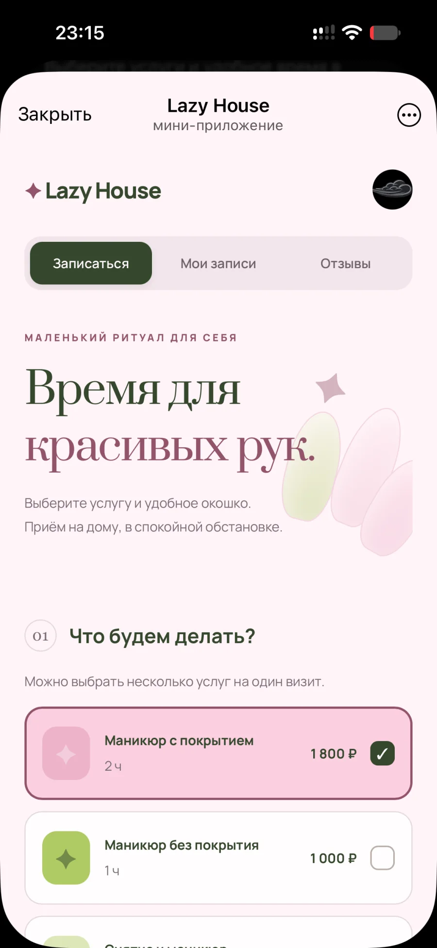 Выбор услуг в мини-приложении Lazy House